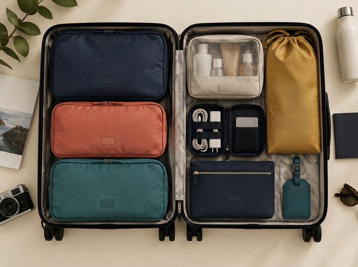 Suitcase packed with colourful packing cubes, pouches, shoe bag and luggage tag