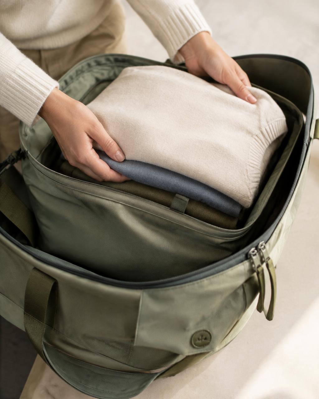 Folding clothes into a weekend bag